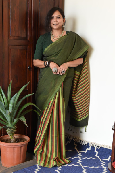 GREEN MANGALGIRI STRIPPED SAREE