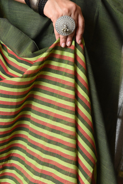 GREEN MANGALGIRI STRIPPED SAREE