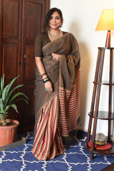 BROWN MANGALGIRI STRIPPED SAREE