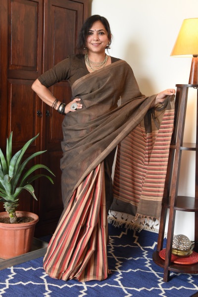 BROWN MANGALGIRI STRIPPED SAREE