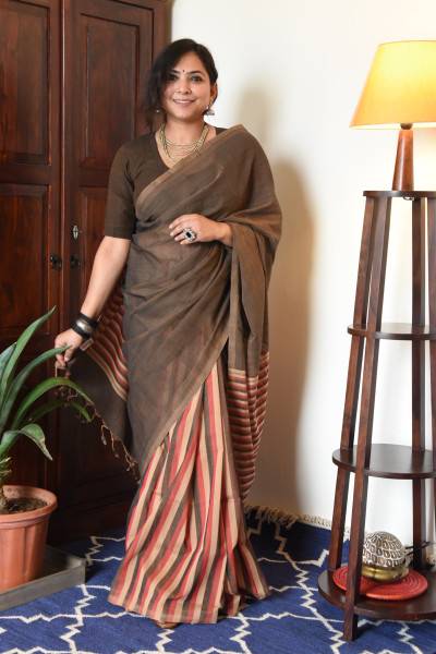 BROWN MANGALGIRI STRIPPED SAREE