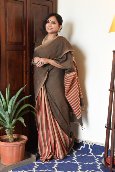 BROWN MANGALGIRI STRIPPED SAREE