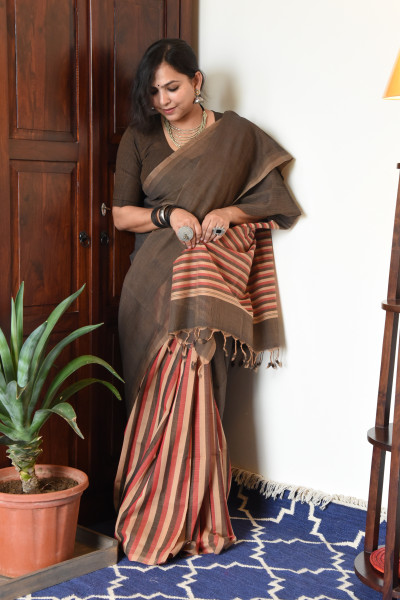 BROWN MANGALGIRI STRIPPED SAREE