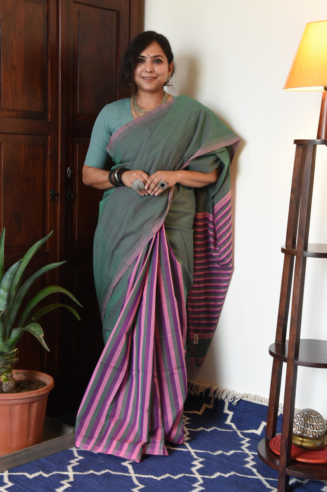Image of CROSS SHADED SEA GREEN MANGALGIRI STRIPPED SAREE