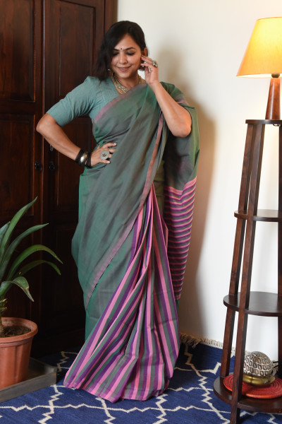 CROSS SHADED SEA GREEN MANGALGIRI STRIPPED SAREE