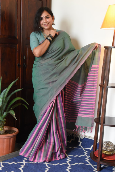 CROSS SHADED SEA GREEN MANGALGIRI STRIPPED SAREE