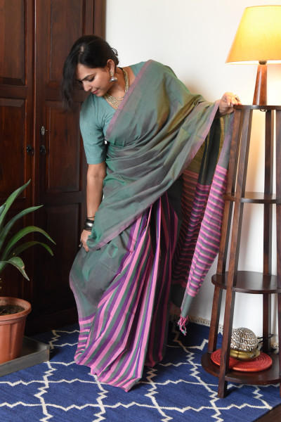CROSS SHADED SEA GREEN MANGALGIRI STRIPPED SAREE