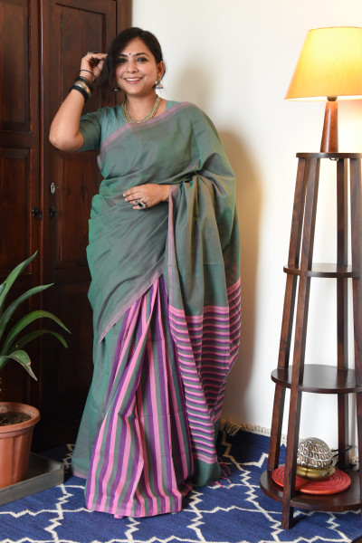 CROSS SHADED SEA GREEN MANGALGIRI STRIPPED SAREE