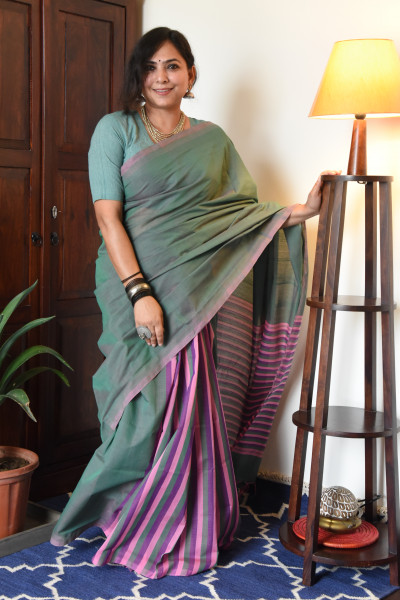 CROSS SHADED SEA GREEN MANGALGIRI STRIPPED SAREE