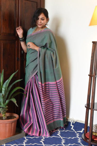 CROSS SHADED SEA GREEN MANGALGIRI STRIPPED SAREE