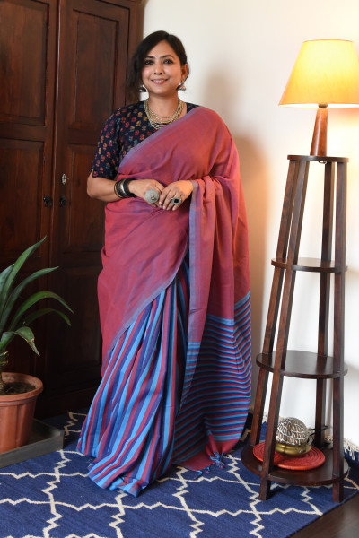 CROSS SHADED RED MANGALGIRI STRIPPED SAREE