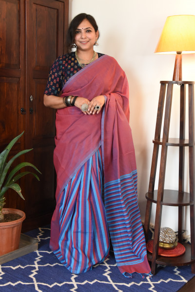CROSS SHADED RED MANGALGIRI STRIPPED SAREE