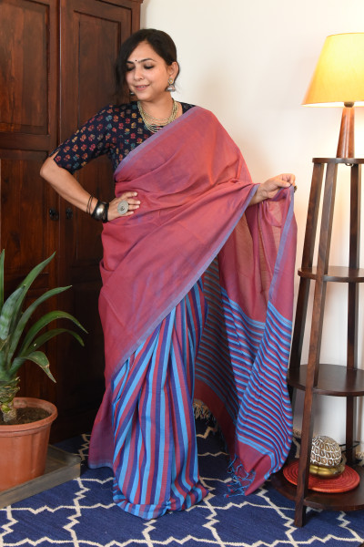 CROSS SHADED RED MANGALGIRI STRIPPED SAREE