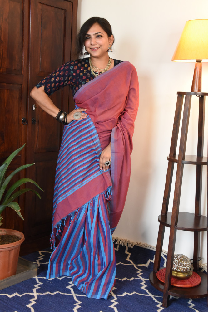 Image of CROSS SHADED RED MANGALGIRI STRIPPED SAREE