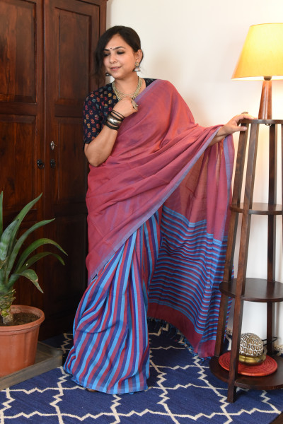 CROSS SHADED RED MANGALGIRI STRIPPED SAREE