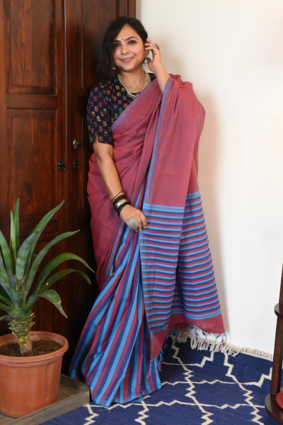CROSS SHADED RED MANGALGIRI STRIPPED SAREE