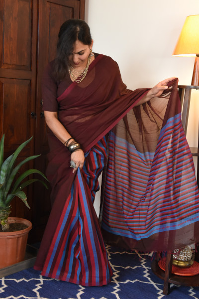 MAROON MANGALGIRI STRIPPED SAREE