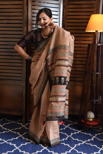 VERTICAL STRIPED RED COTTON SILK SAREE