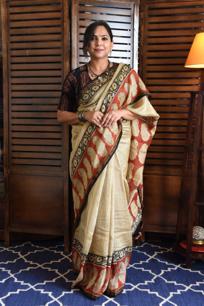 RED PAISLEY COTTON SILK SAREE