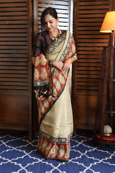 RED PAISLEY COTTON SILK SAREE