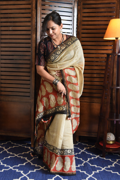 RED PAISLEY COTTON SILK SAREE