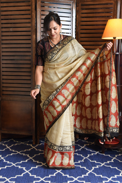 RED PAISLEY COTTON SILK SAREE