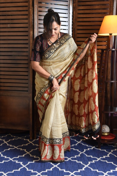 RED PAISLEY COTTON SILK SAREE