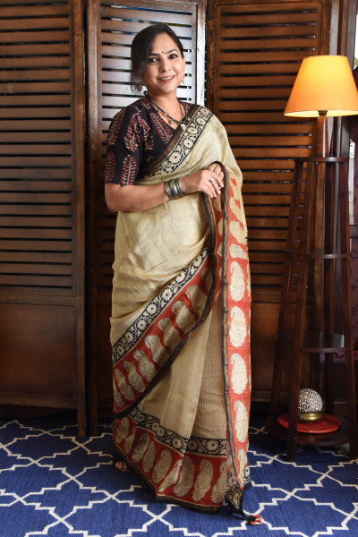 RED PAISLEY COTTON SILK SAREE