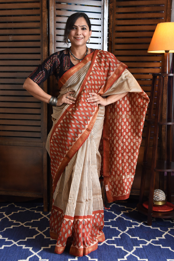 Image of RED LEAF COTTON SILK SAREE