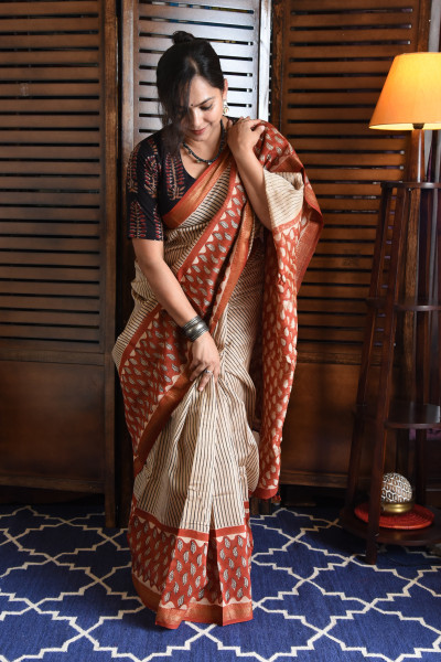 RED LEAF COTTON SILK SAREE