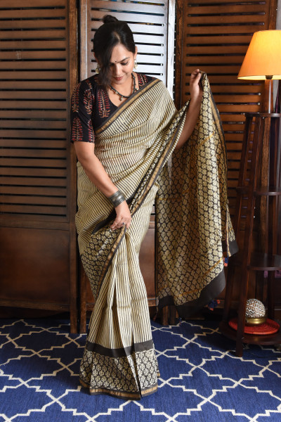 STRIPED BLACK MOTIF COTTON SILK SAREE