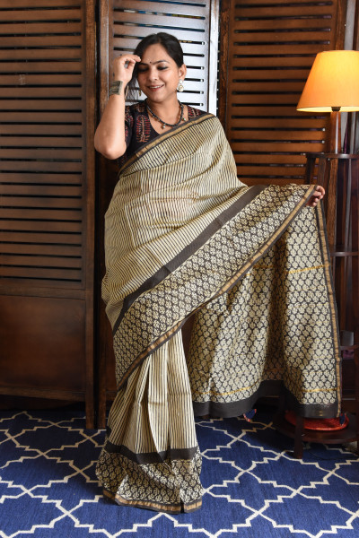 STRIPED BLACK MOTIF COTTON SILK SAREE