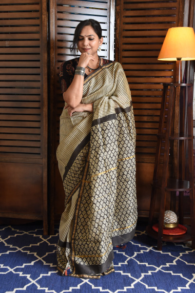 STRIPED BLACK MOTIF COTTON SILK SAREE