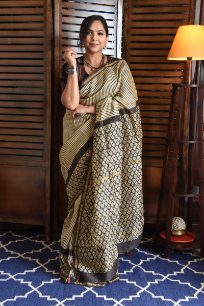 STRIPED BLACK MOTIF COTTON SILK SAREE