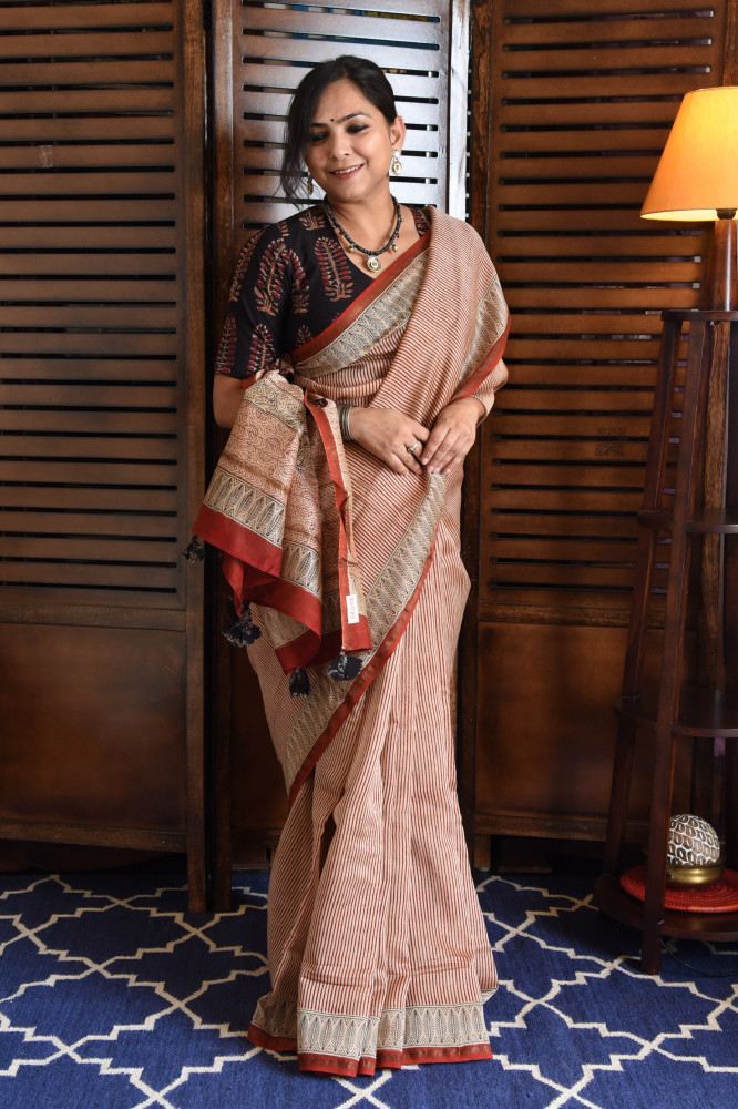 Image of RED LINES COTTON SILK SAREE