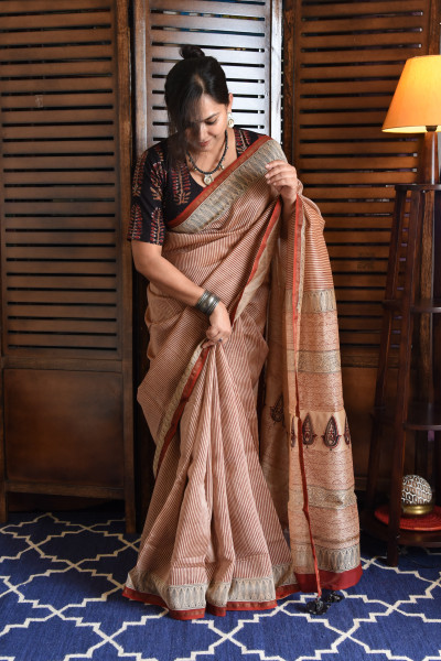 RED LINES COTTON SILK SAREE