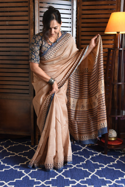 RED LINES BLUE BORDER COTTON SILK SAREE