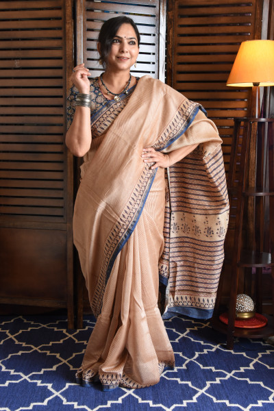 RED LINES BLUE BORDER COTTON SILK SAREE