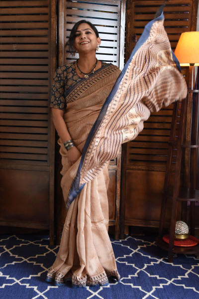 RED LINES BLUE BORDER COTTON SILK SAREE