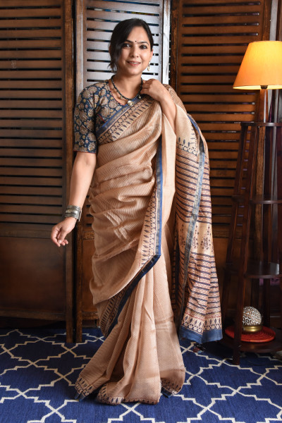 RED LINES BLUE BORDER COTTON SILK SAREE