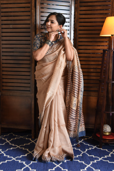 RED LINES BLUE BORDER COTTON SILK SAREE