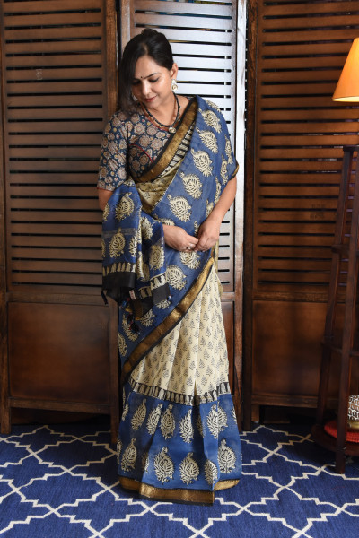 BLACK AND BLUE COTTON SILK SAREE