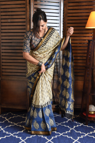 BLACK AND BLUE COTTON SILK SAREE