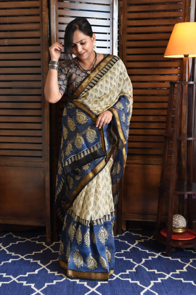 BLACK AND BLUE COTTON SILK SAREE