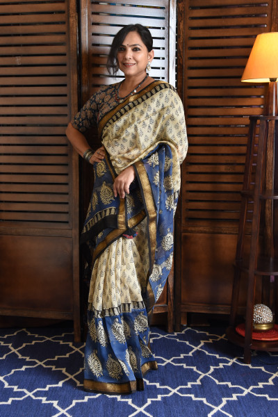 BLACK AND BLUE COTTON SILK SAREE