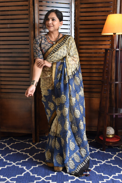 BLACK AND BLUE COTTON SILK SAREE