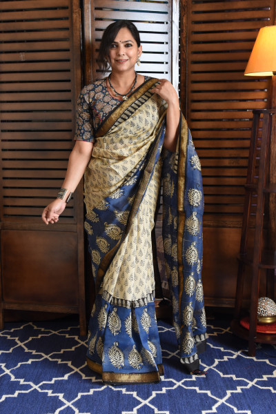 BLACK AND BLUE COTTON SILK SAREE