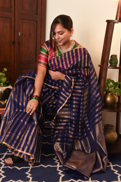 INK BLUE CHANDERI SILK SAREE WTIH GOLDEN ZARI