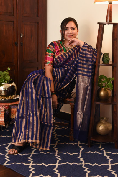 INK BLUE CHANDERI SILK SAREE WTIH GOLDEN ZARI