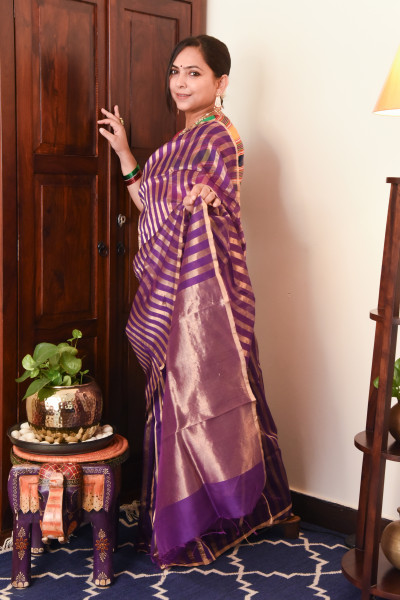 PURPLE CHANDERI SILK SAREE WTIH GOLDEN ZARI